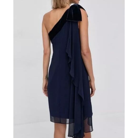 Ralph Lauren Black Label Chiffon Velvet One Shoulder Dress Navy Size 4 - Picture 2 of 9